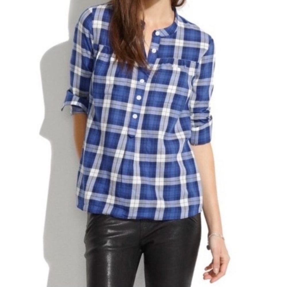 Madewell Blue Plaid Smocked Popover Blouse Small